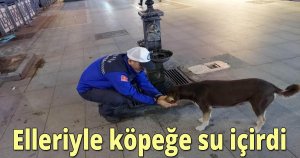 Elleriyle köpeğe su içirdi