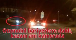  Otomobil bariyerlere daldı, kazanı anı kamerada