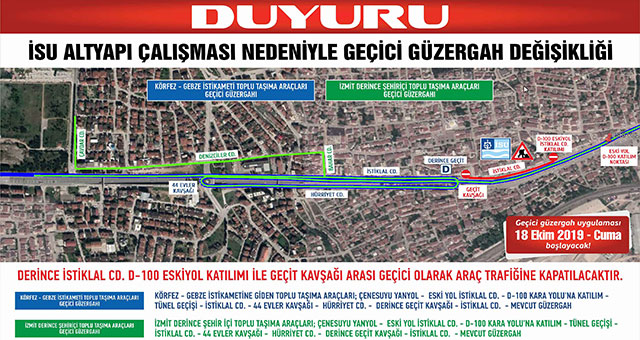Derince’de geçici güzergah değişikliği