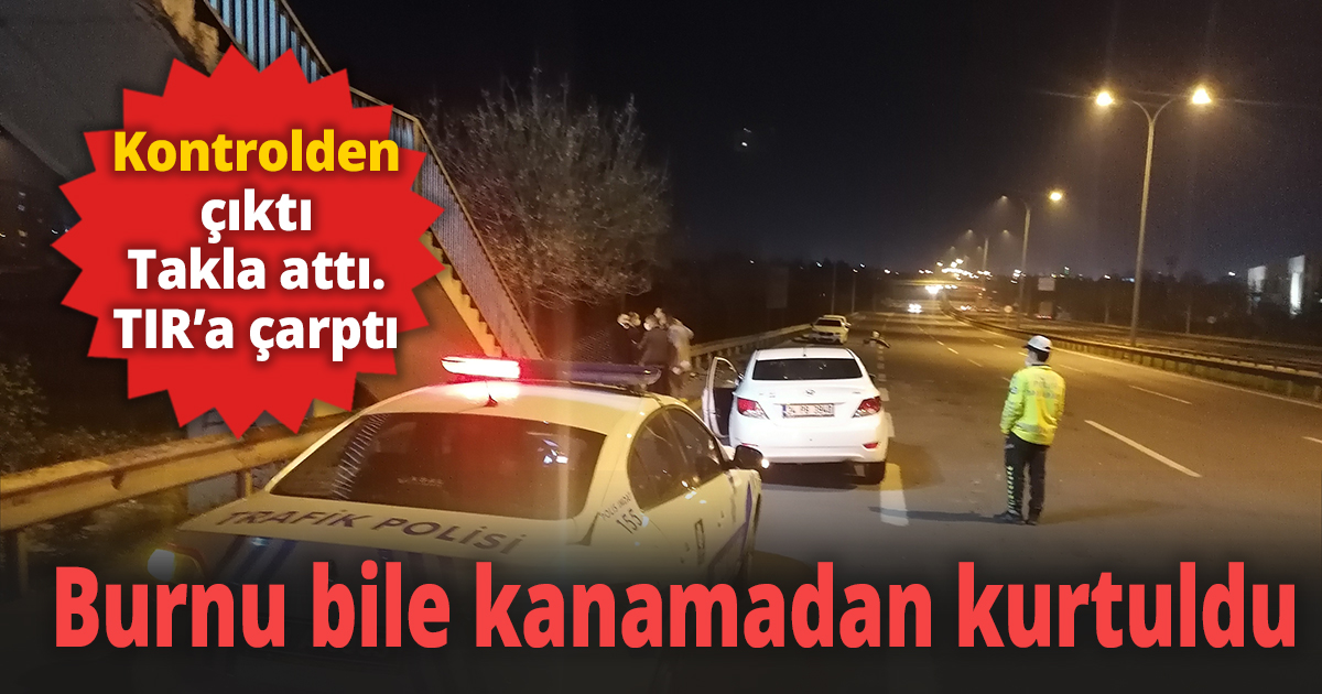 Takla atan otomobil tıra çarptı