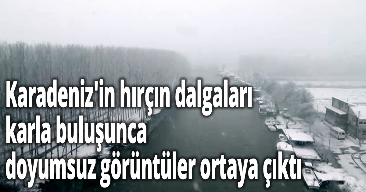 Karla kaplı ilçede dalgaların beyaz örtü ile buluşma anları havadan görüntülendi