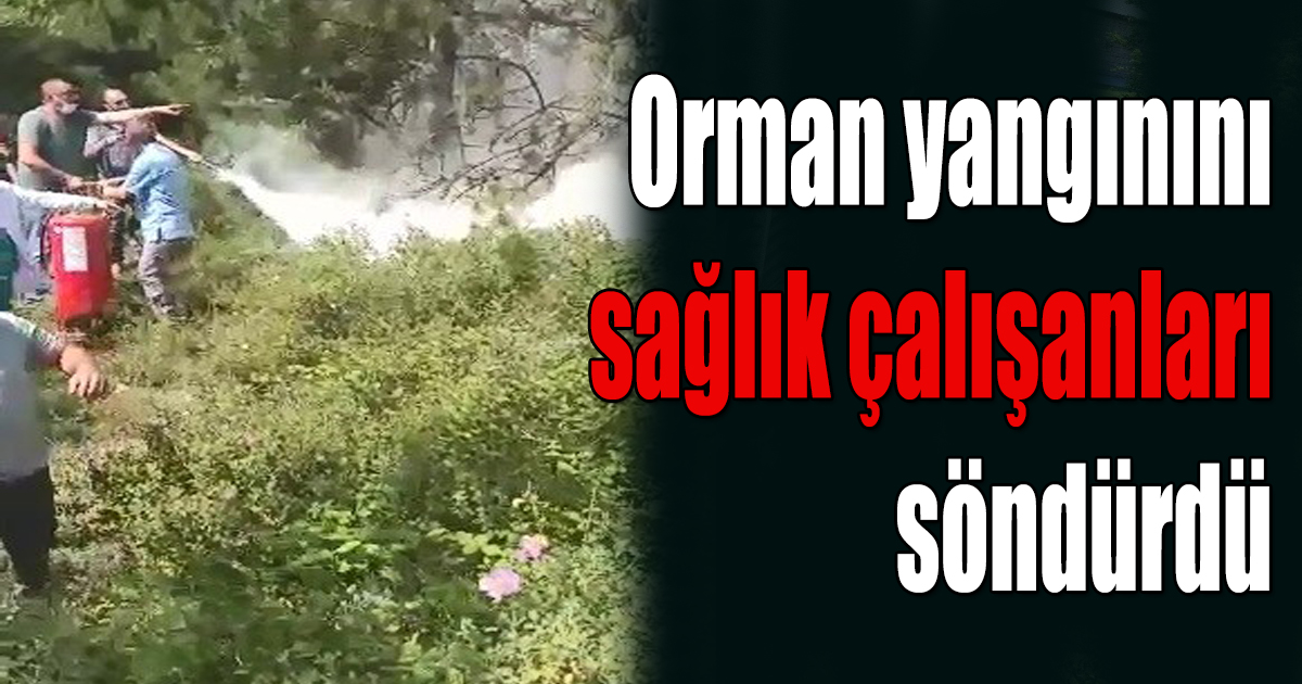 Sağlık çalışanları yangın tüpleri ile yanan ormanı söndürmeye koştu
