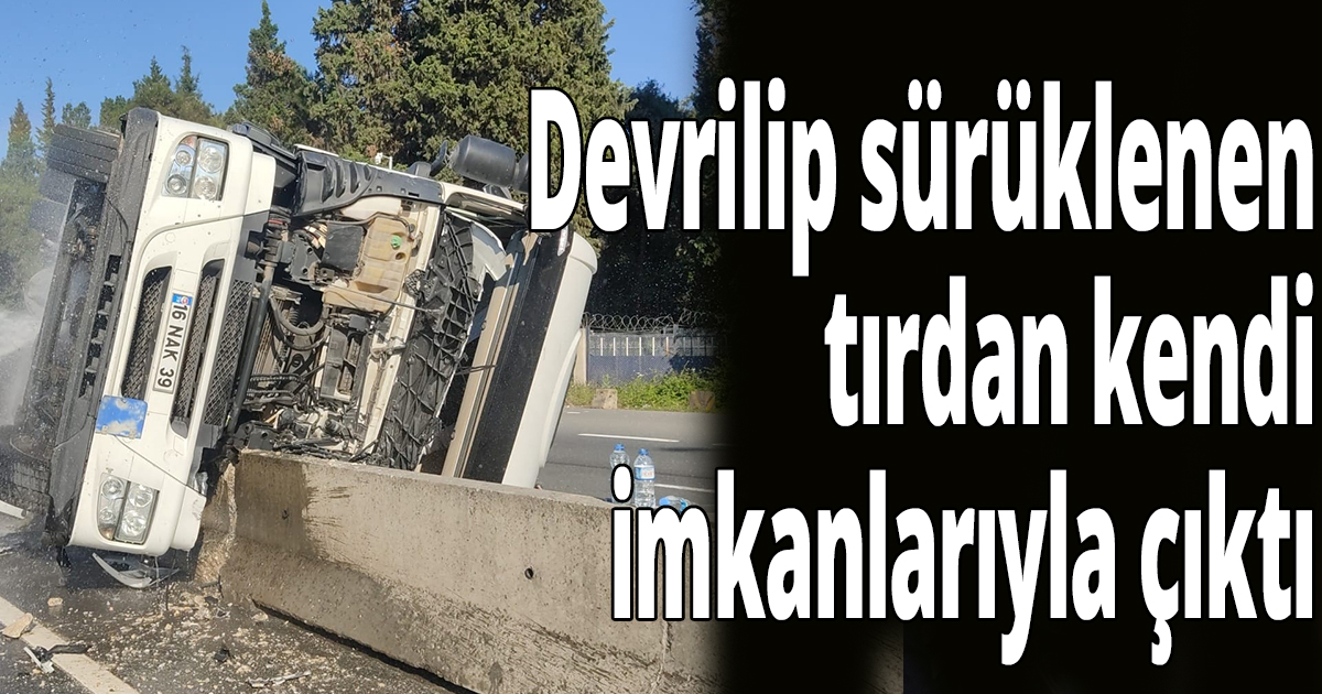 Lastik yüklü tır devrildi