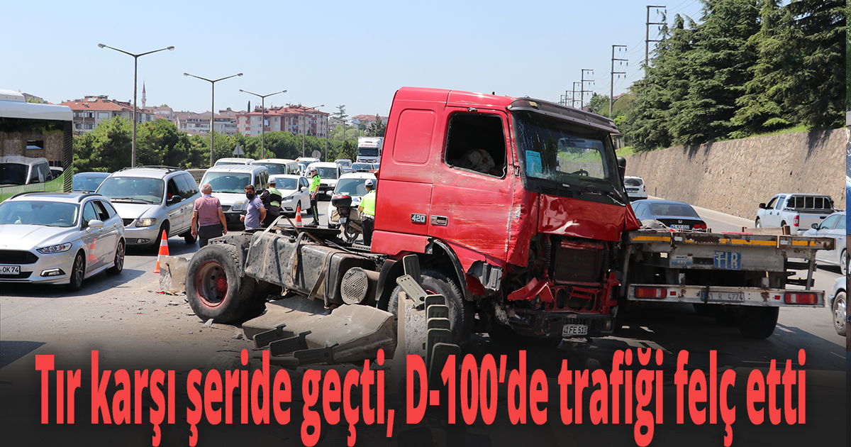 Tır karşı şeride geçti