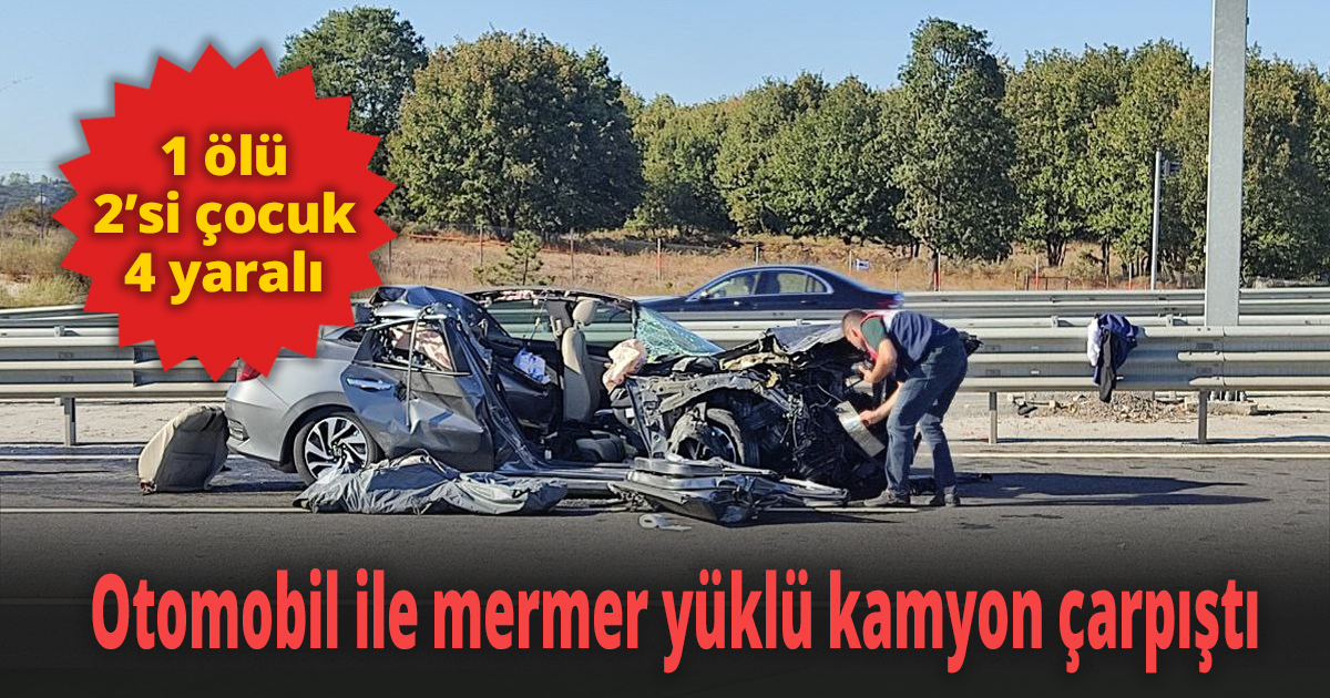 Otomobil ile mermer yüklü kamyon çarpıştı 