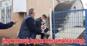 Şimşek korkusuyla kaçarken demir parmaklıklara sıkıştı