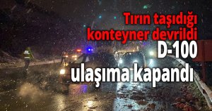 Tırın taşıdığı konteyner devrildi