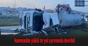 Hammadde yüklü tır yol ayrımında devrildi